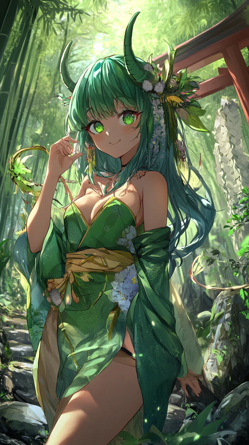 Dragon horn anime girl in a bamboo forest shrine