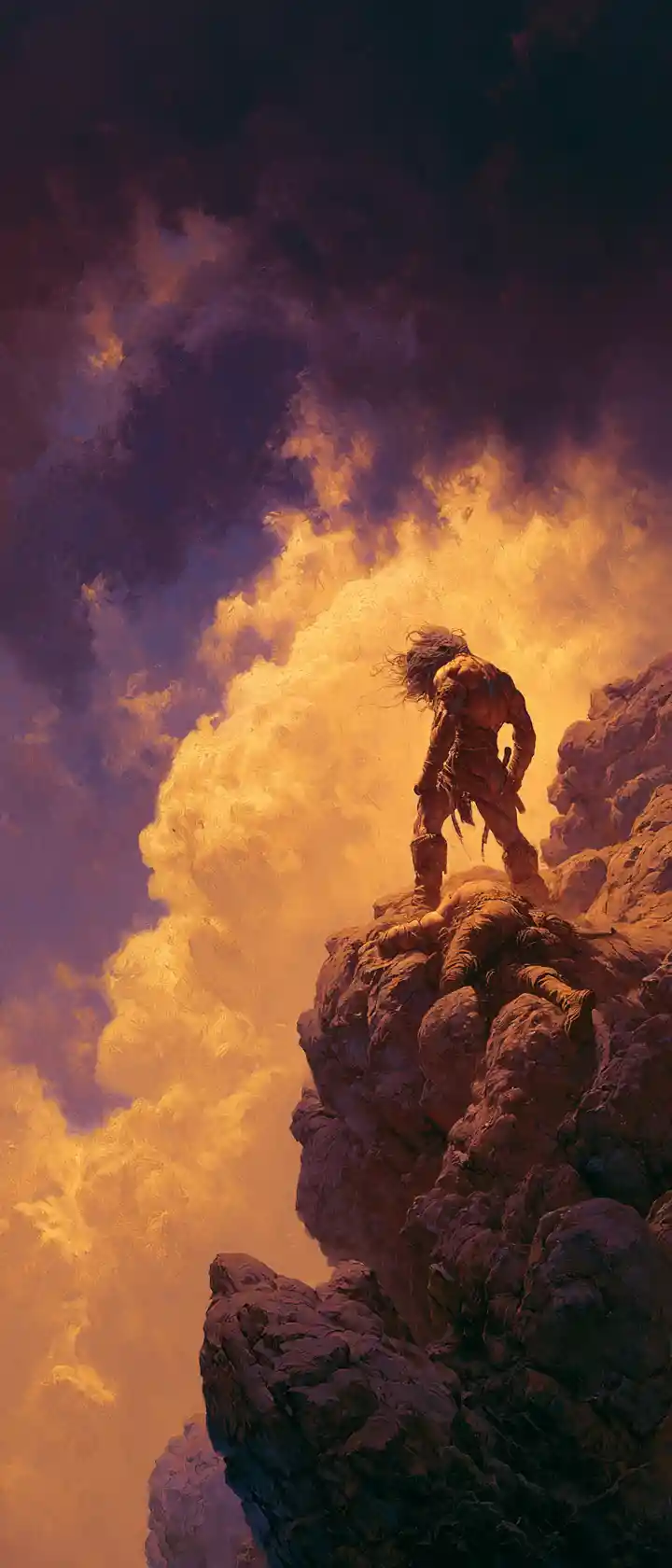 Grieving warrior on jagged cliff beneath stormy fantasy sky