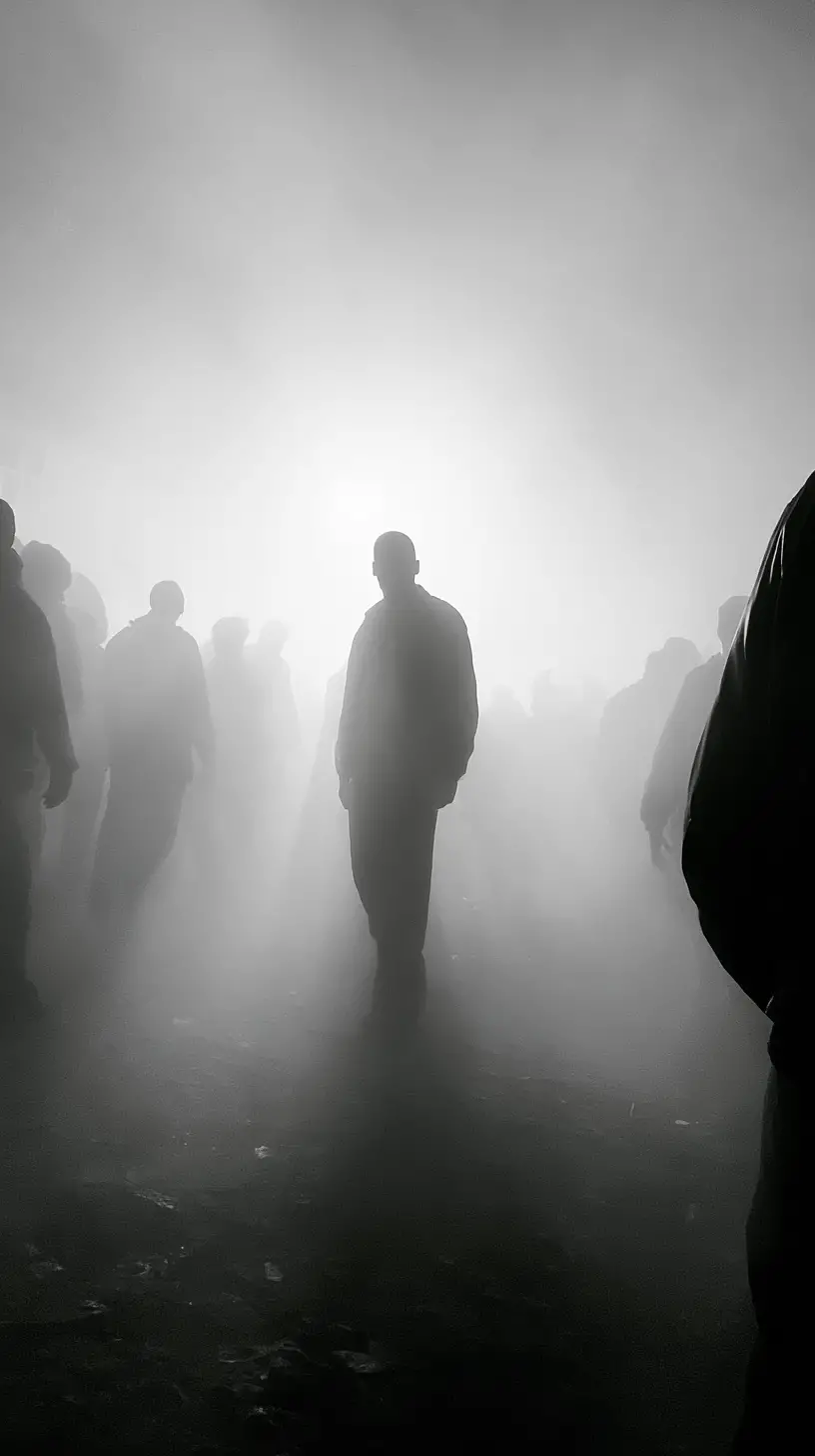 Men facing a violent gunfight in midnight street fog