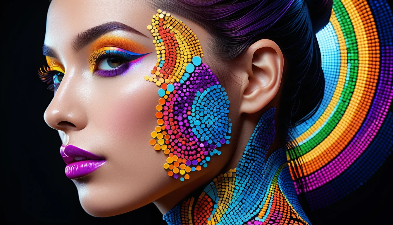 Futuristic mosaic woman portrait in vivid side profile