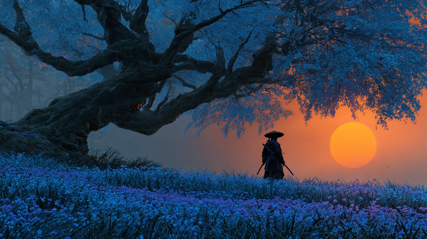 Lone samurai in a blue meadow beneath a towering tree