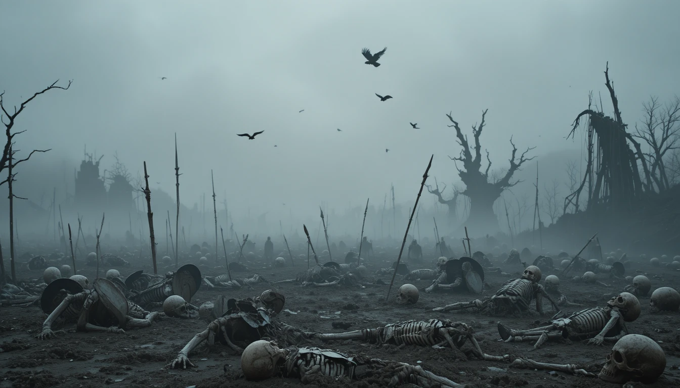 Foggy battlefield wasteland with rising undead warriors