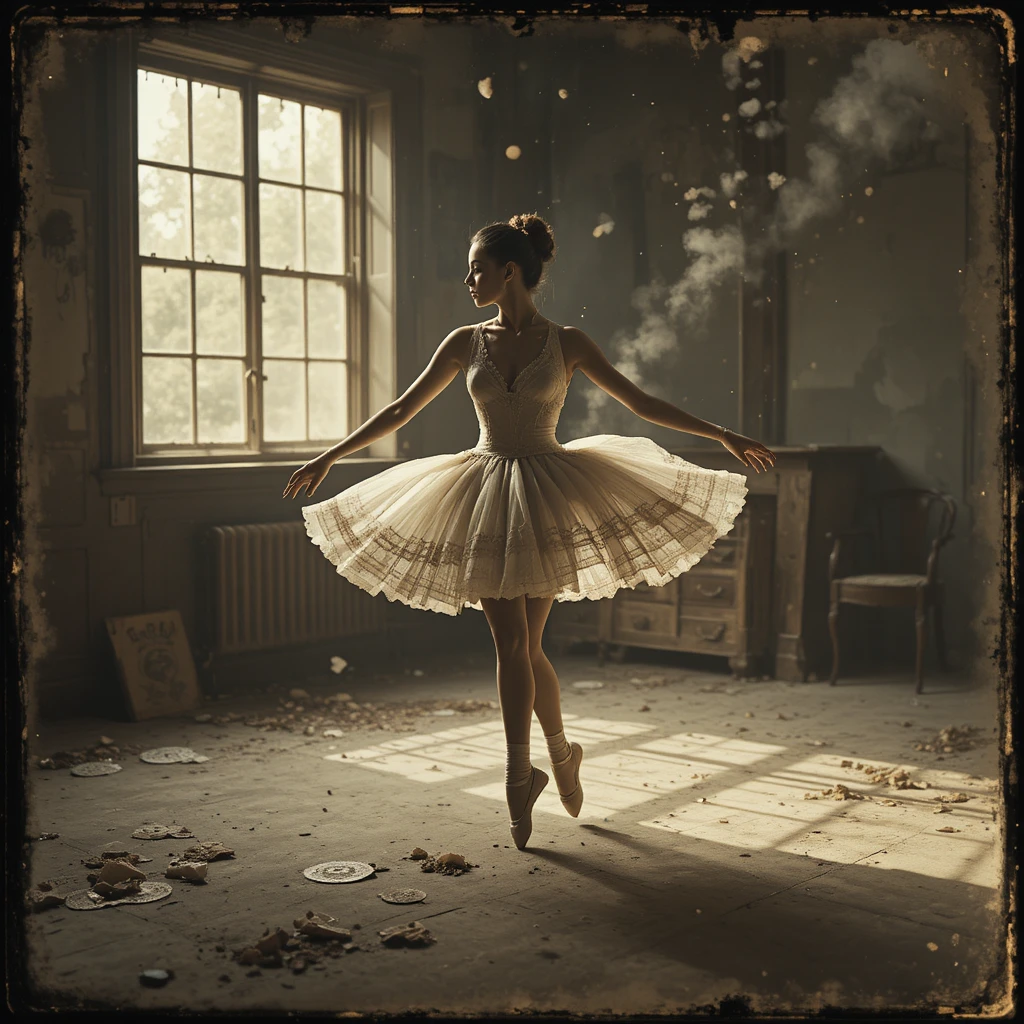 Vintage ballerina spinning in sunlight in an attic