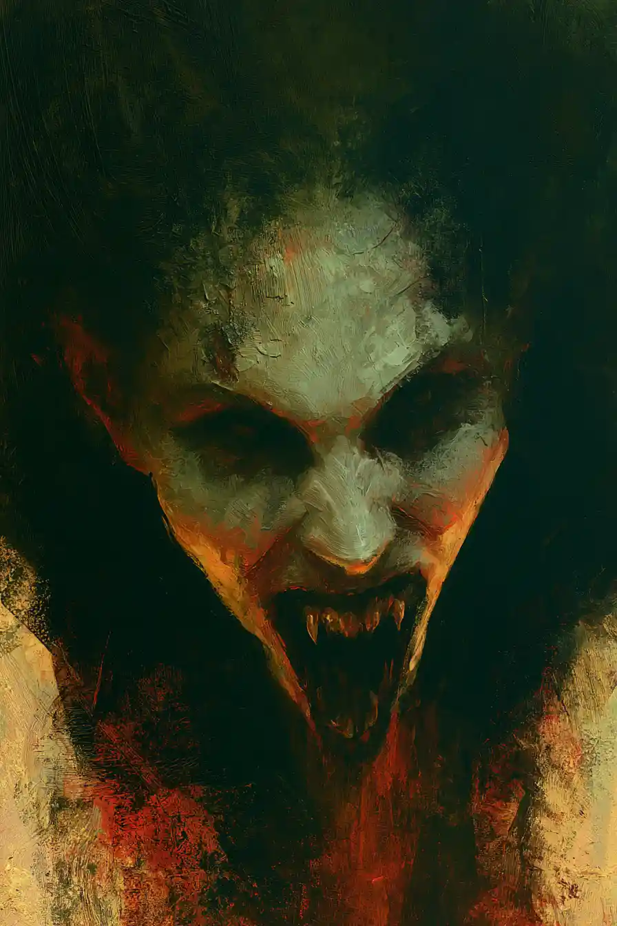 Surreal female demon with fangs in dark horror painting