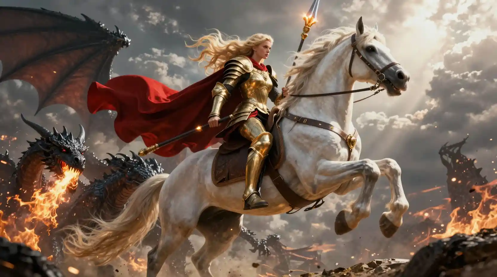 Golden armored warrior charging a rearing white horse