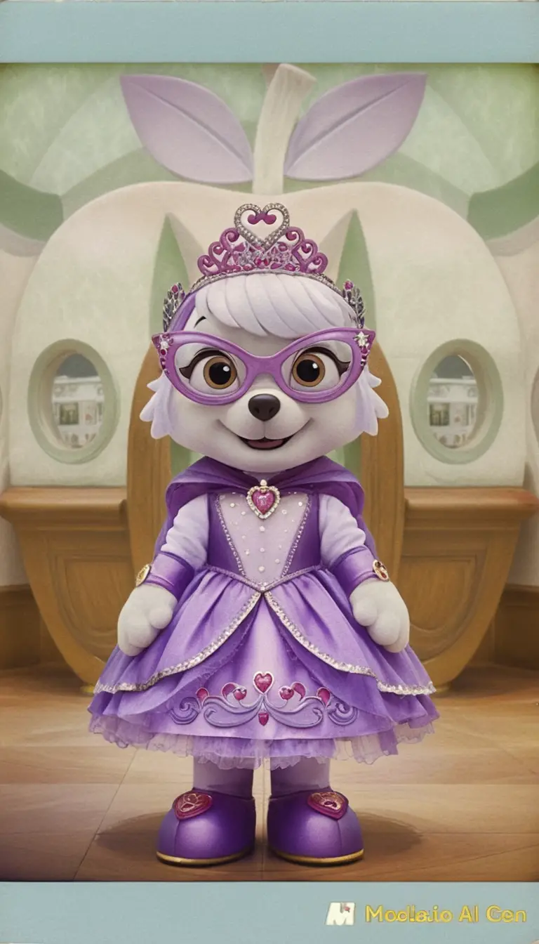 Dog mascot princess posing at a fantasy apple castle