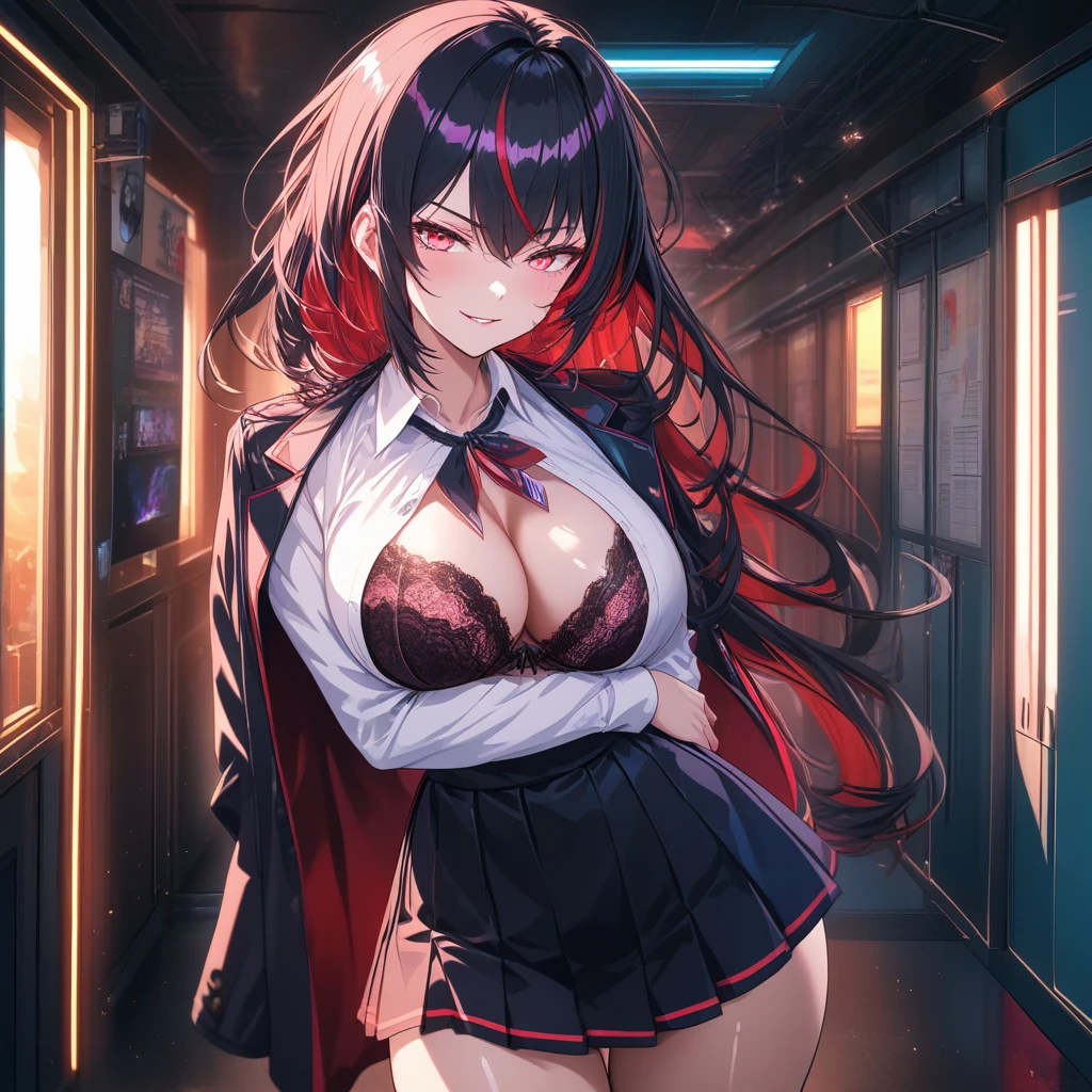 Seductive anime bad girl in a school hallway