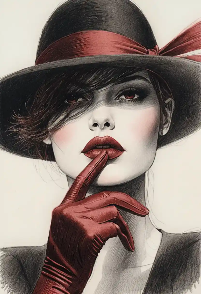 Woman in bowler hat with crimson satin glove portrait