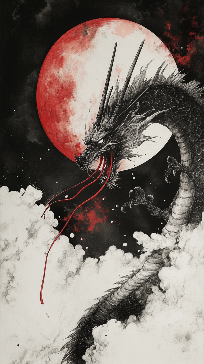Asian dragon coiled in a night sky with red moon