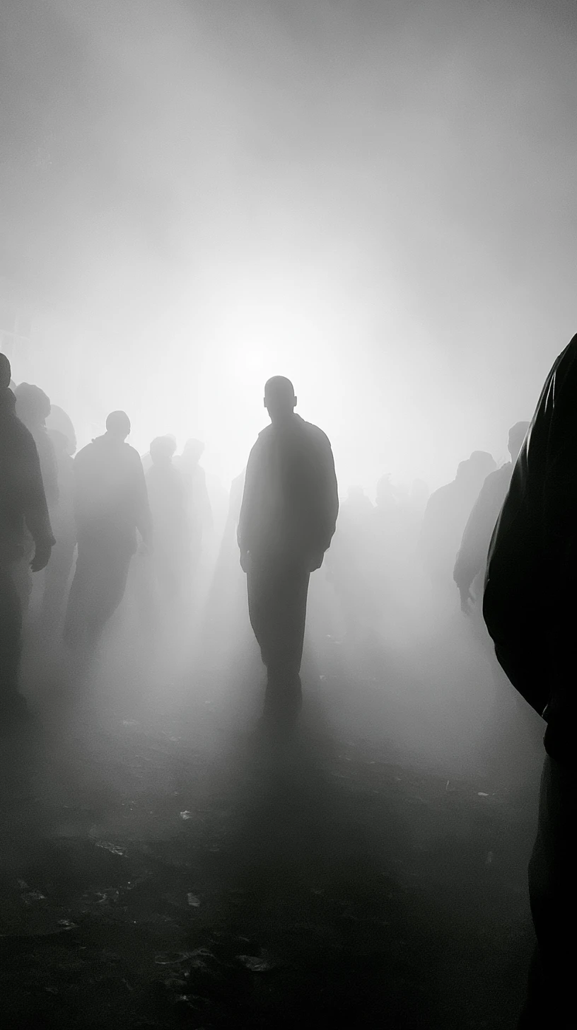 Men facing a violent gunfight in midnight street fog
