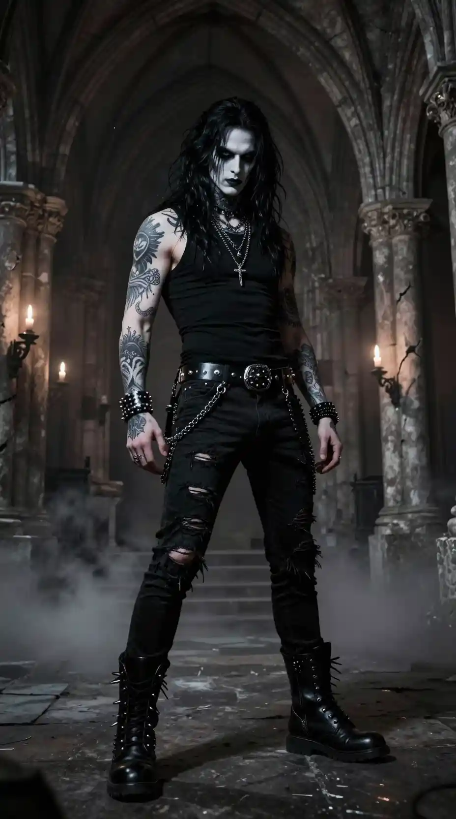 Gothic rock musician in a ruined stone cathedral