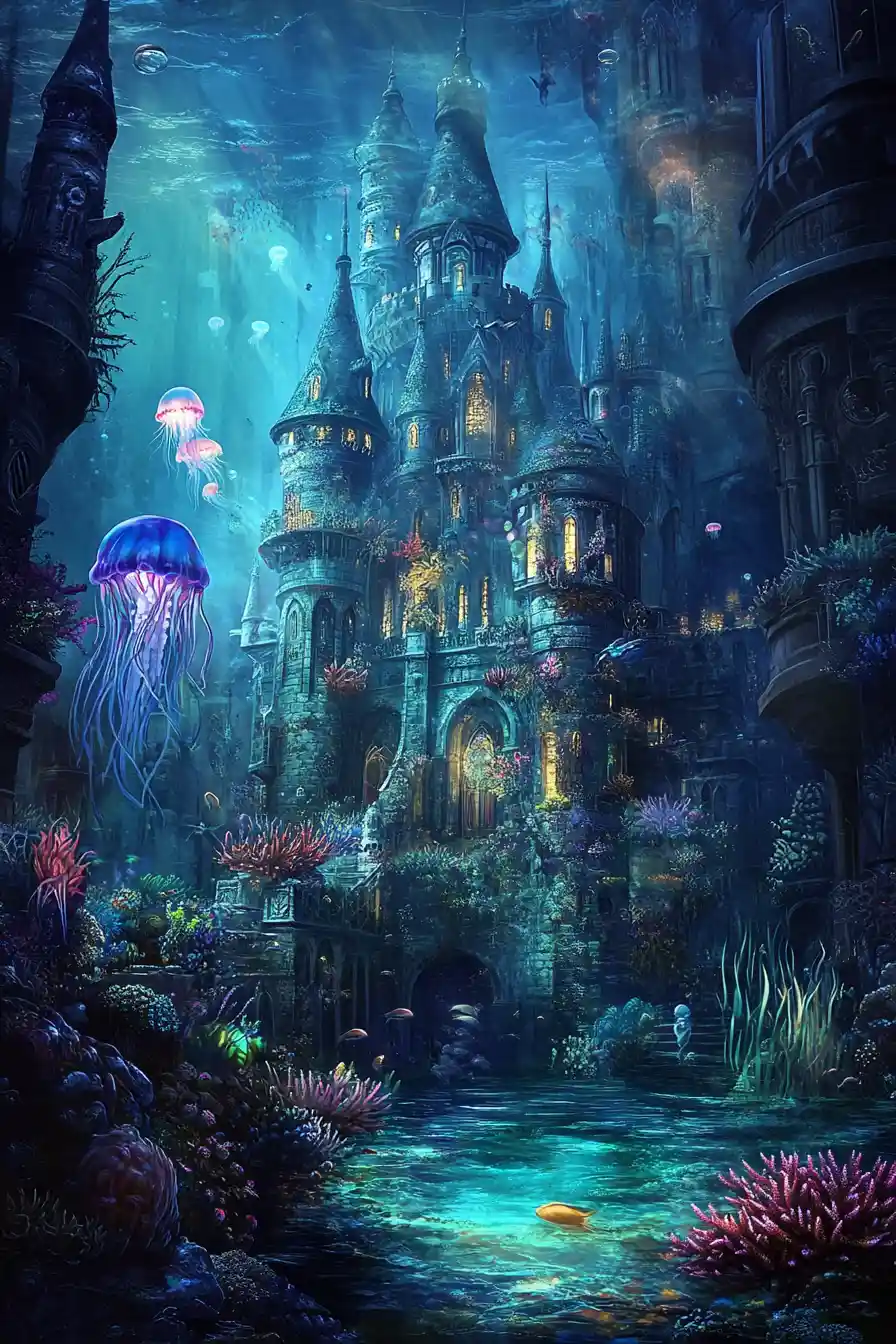 Mystical mermaid on a coral covered underwater castle throne
