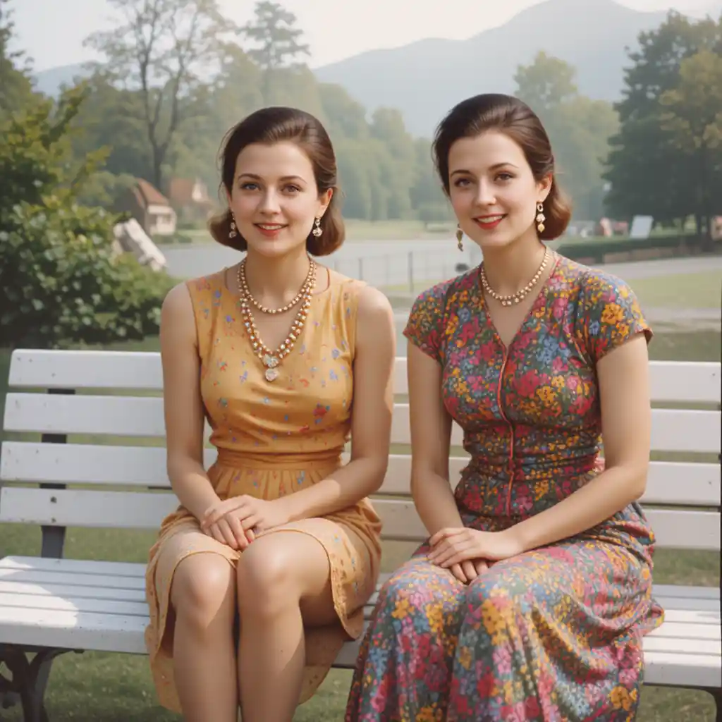 Due donne sorridenti su una panchina bianca nel parco in estate