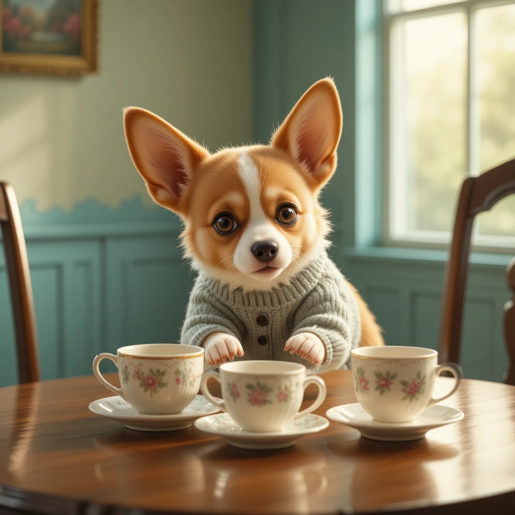 Clumsy corgi in a tiny sweater herding vintage teacups