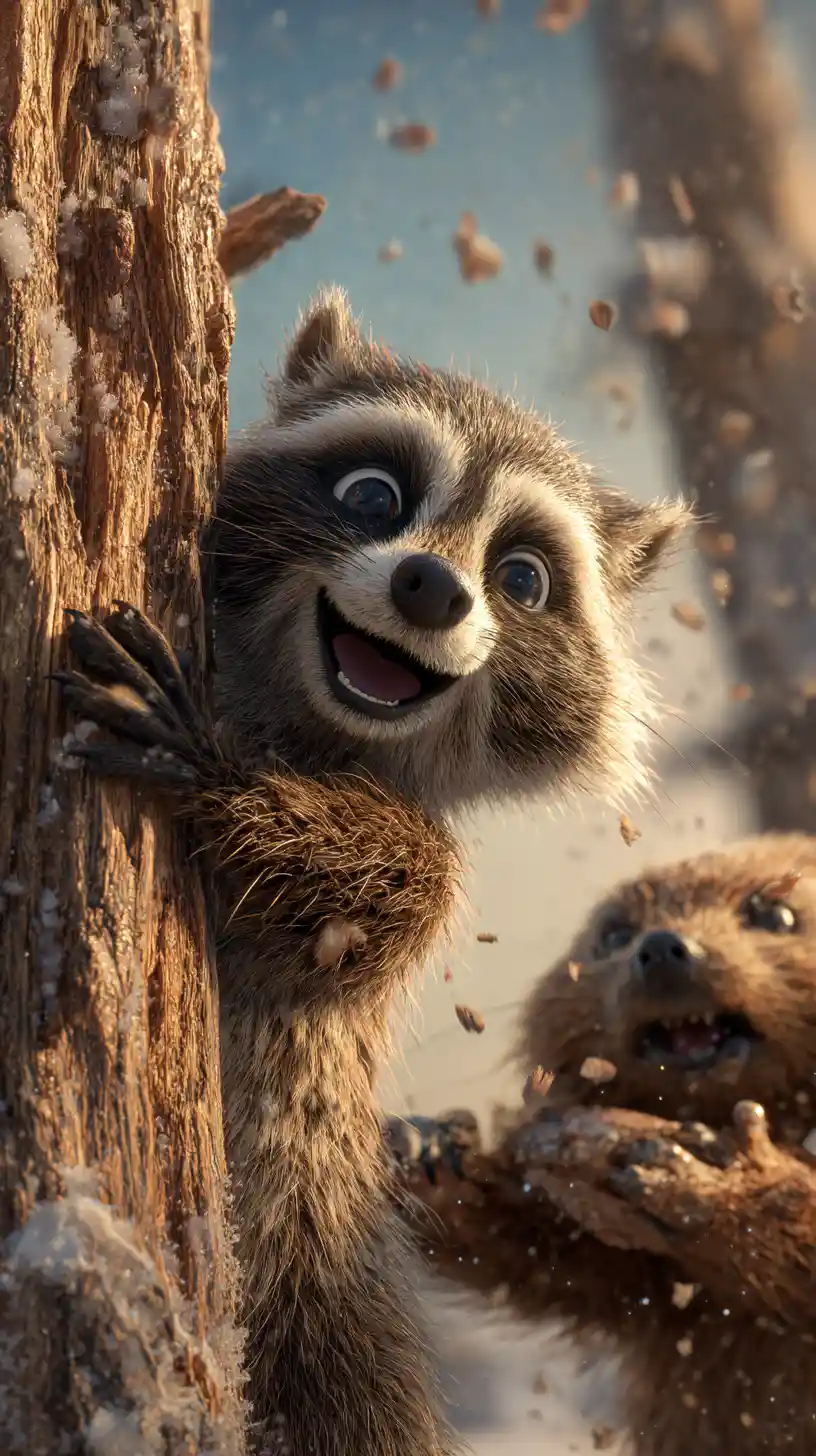 Frightened raccoon clings to tree as beaver chews