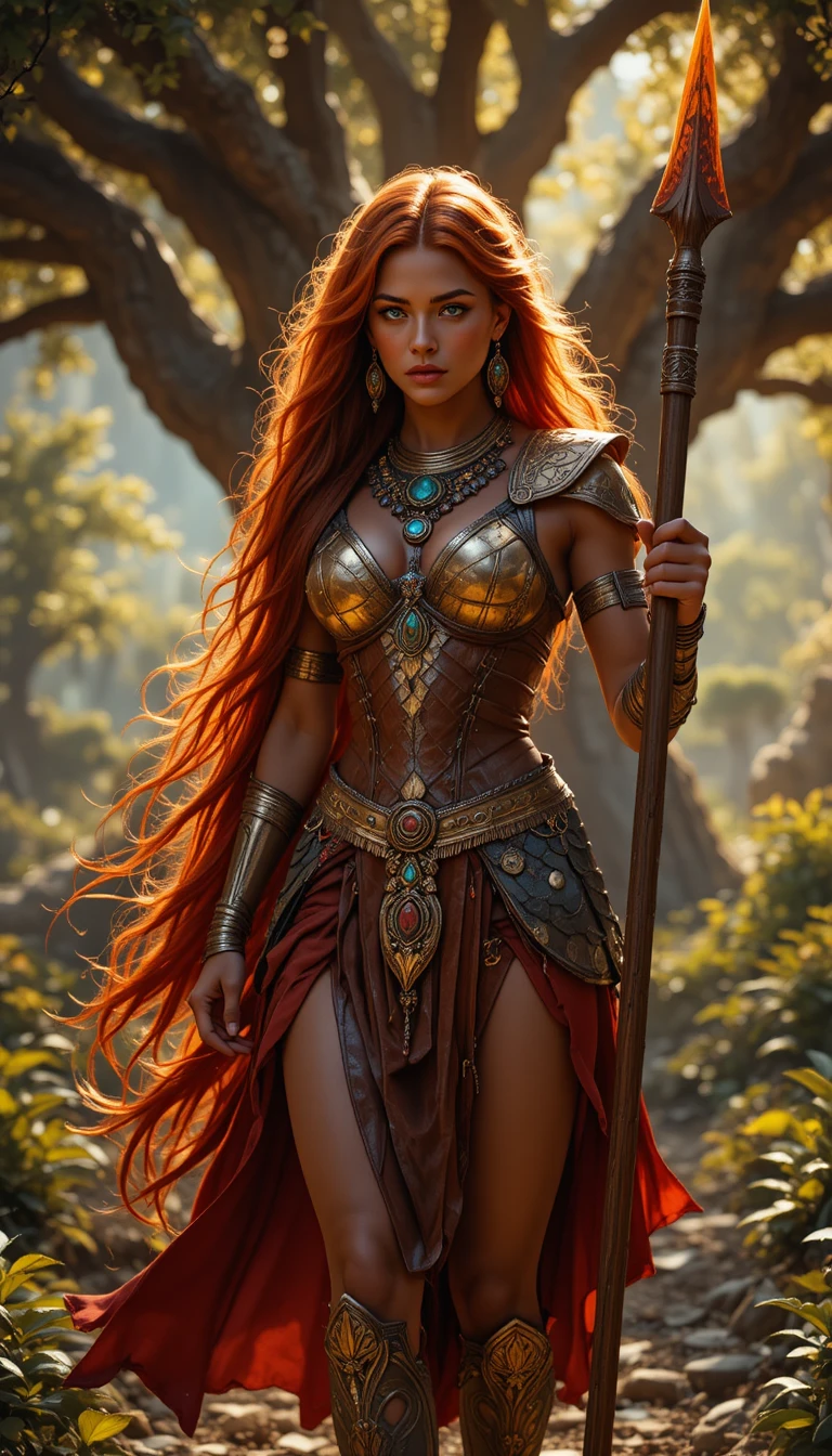 Fierce warrior priestess under a sacred tree in sunlight