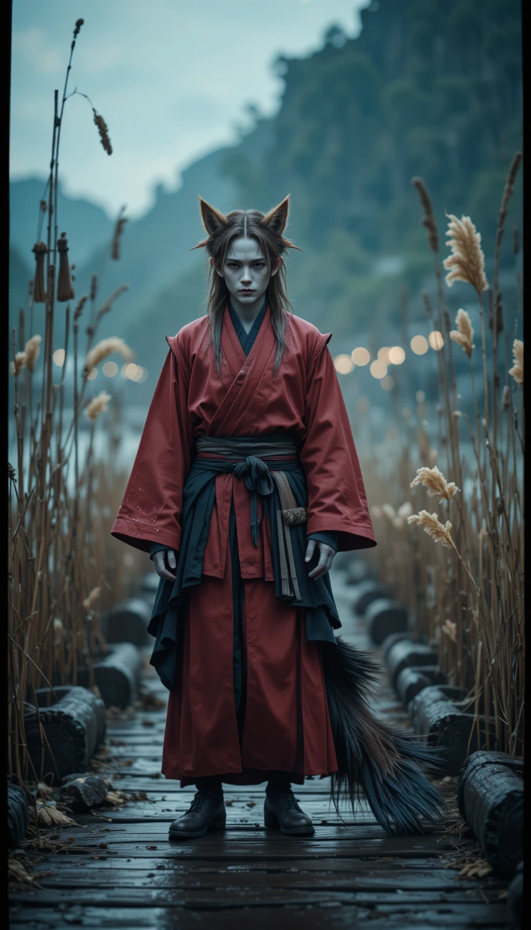 Fantasy foxlike man on a quiet fishing dock
