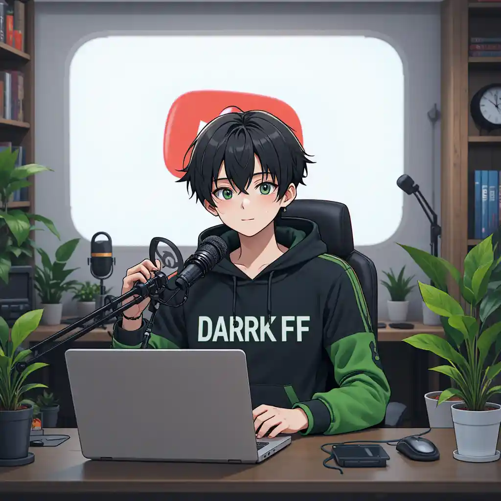Anime boy streaming at a computer desk with microphone