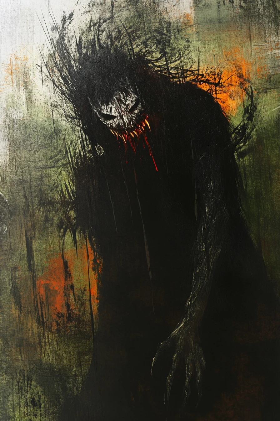 Surreal female demon with fangs in dark horror painting