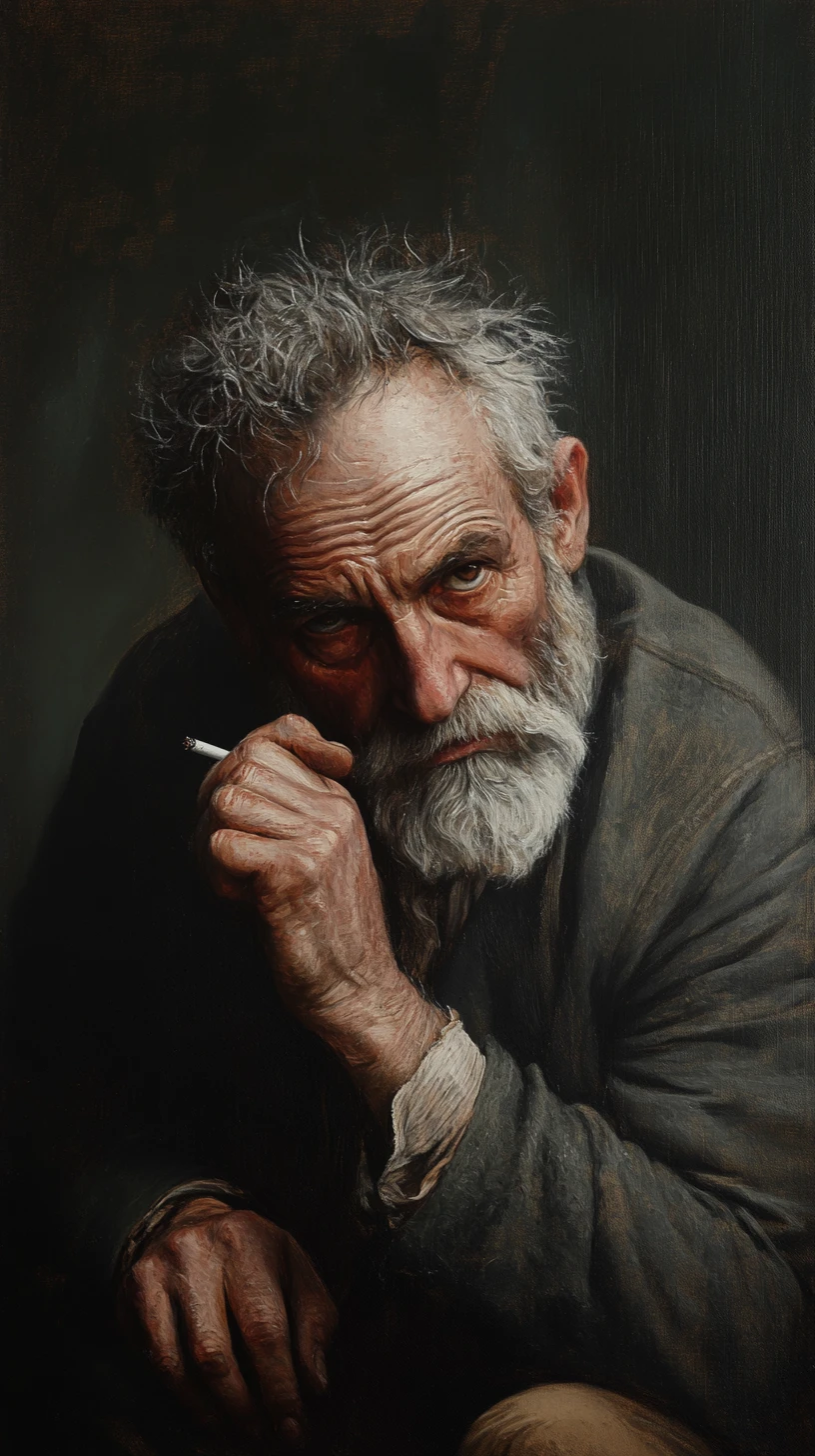Weary old man with cigarette in dramatic painted portrait