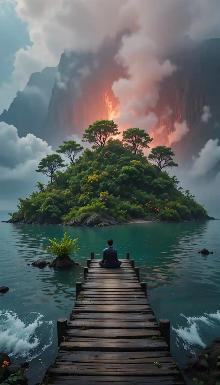 Solitary figure meditating on a dock by volcanic lake