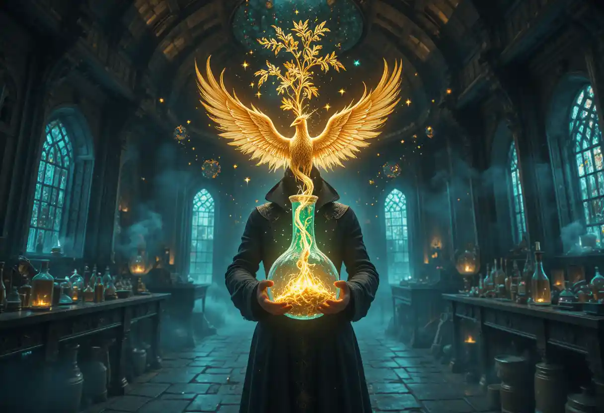 Visionary alchemist holding a glowing cosmic flask at night