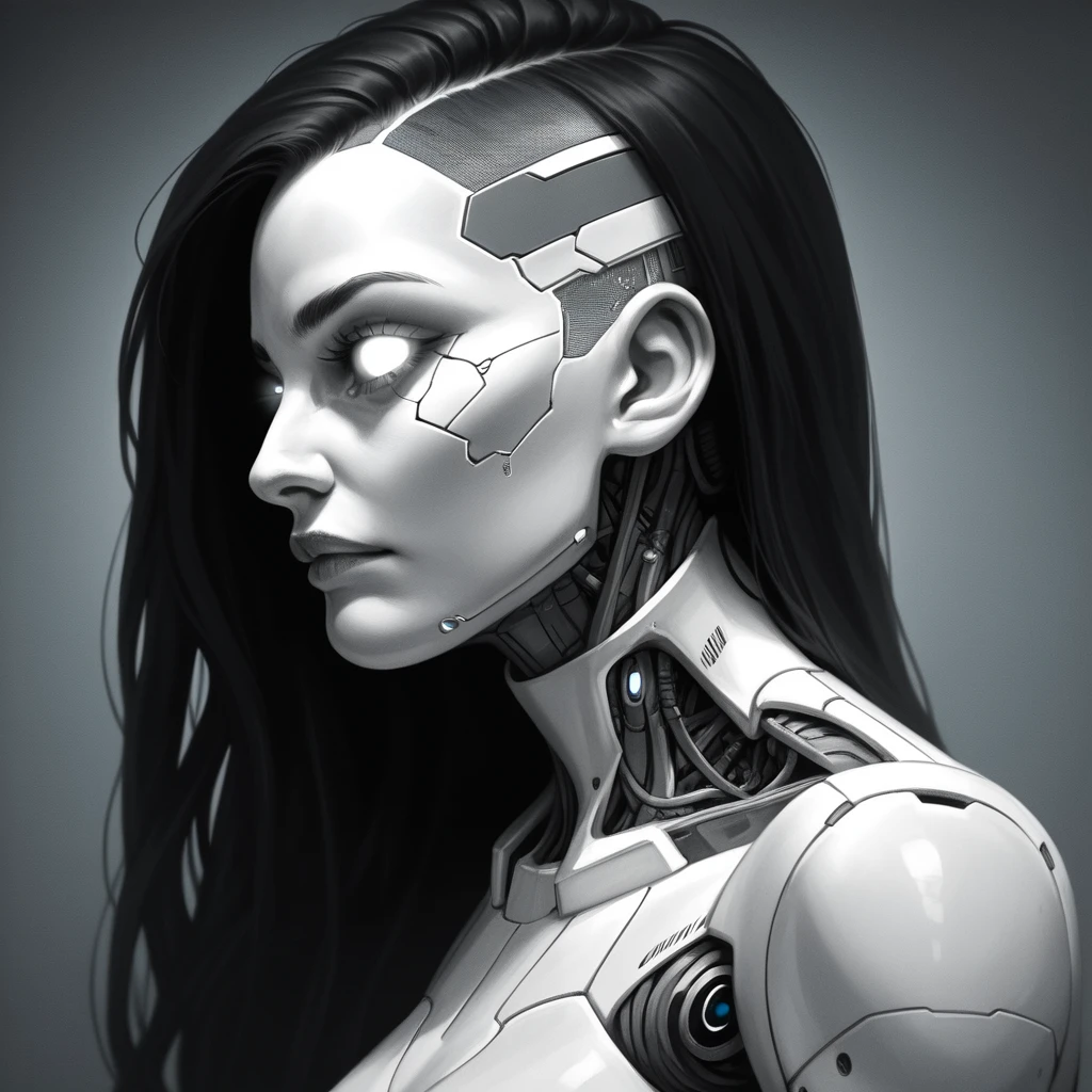 Side profile portrait of a monochrome female cyborg head