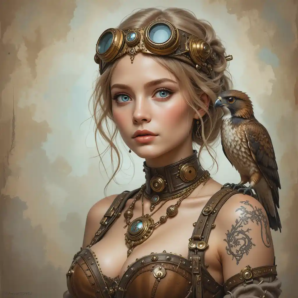 Steampunk woman with hawk in watercolor fantasy portrait