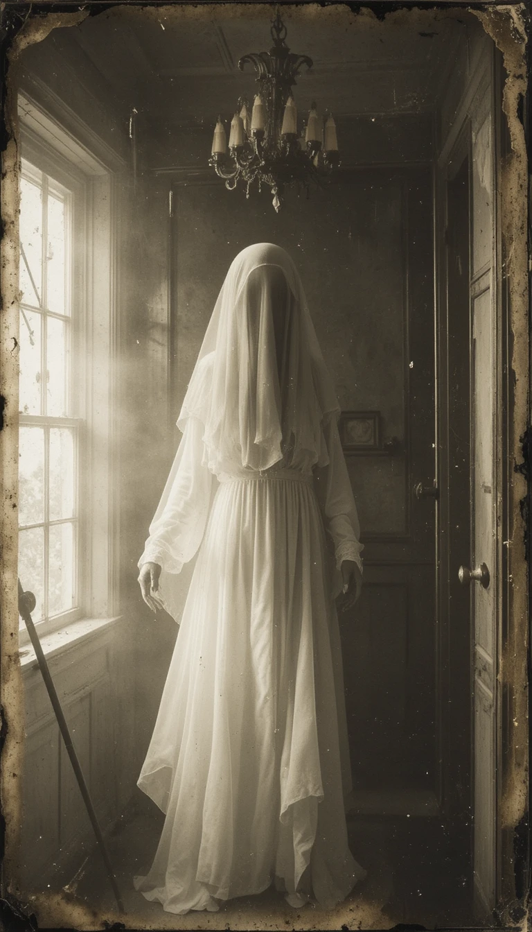 Vintage ghostly figure in a decaying victorian interior