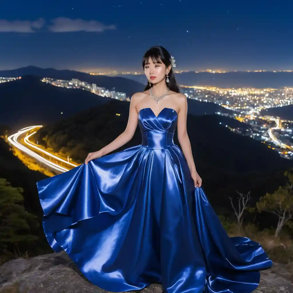 Elegant girl in blue satin gown on mountain night