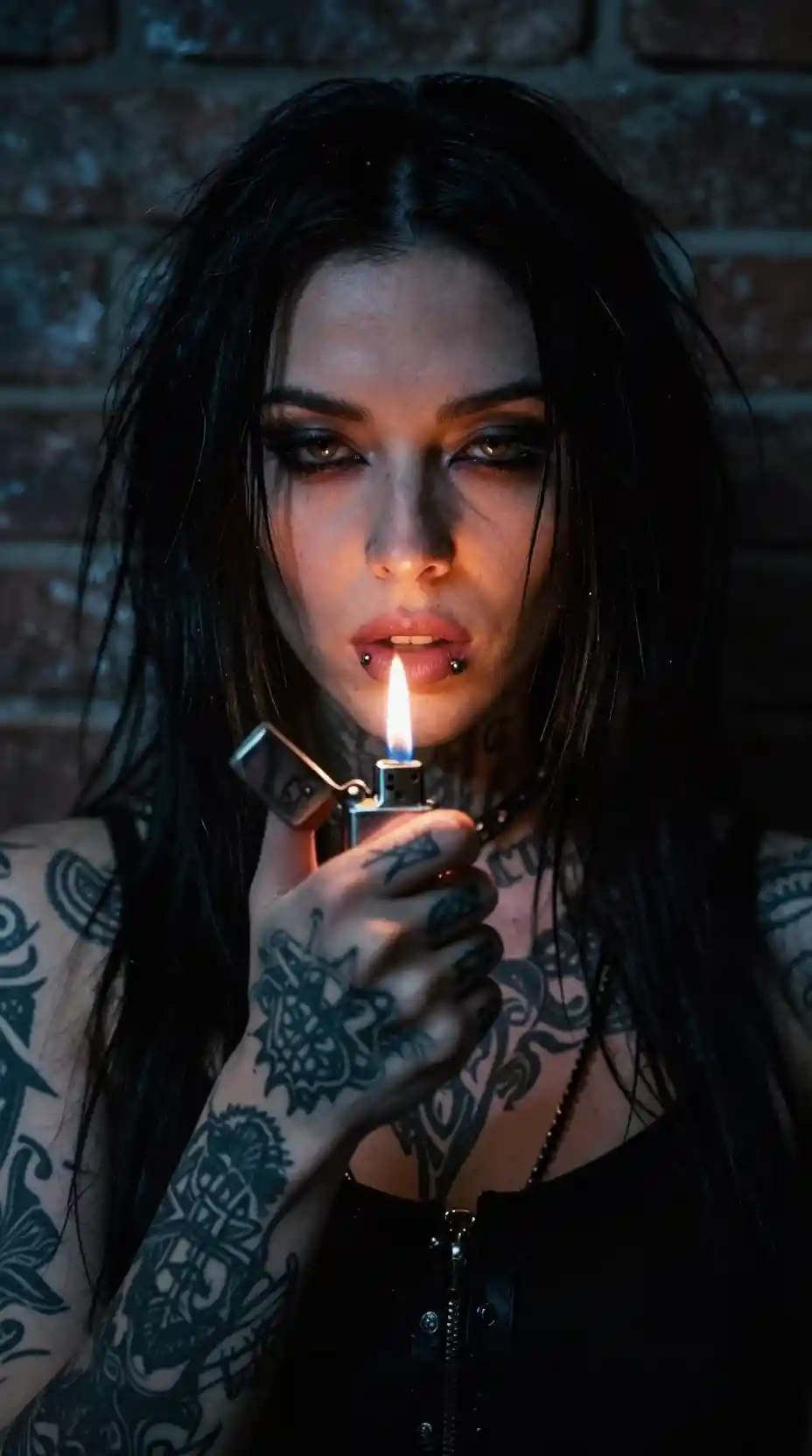 Tattooed rockstar woman lit by a small lighter flame