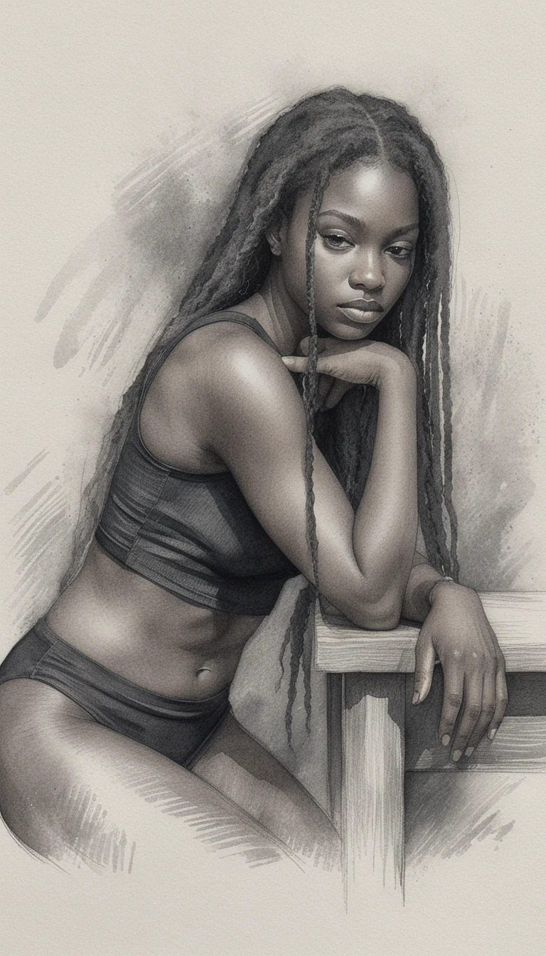 Graphite drawing of a woman resting in three quarter pose