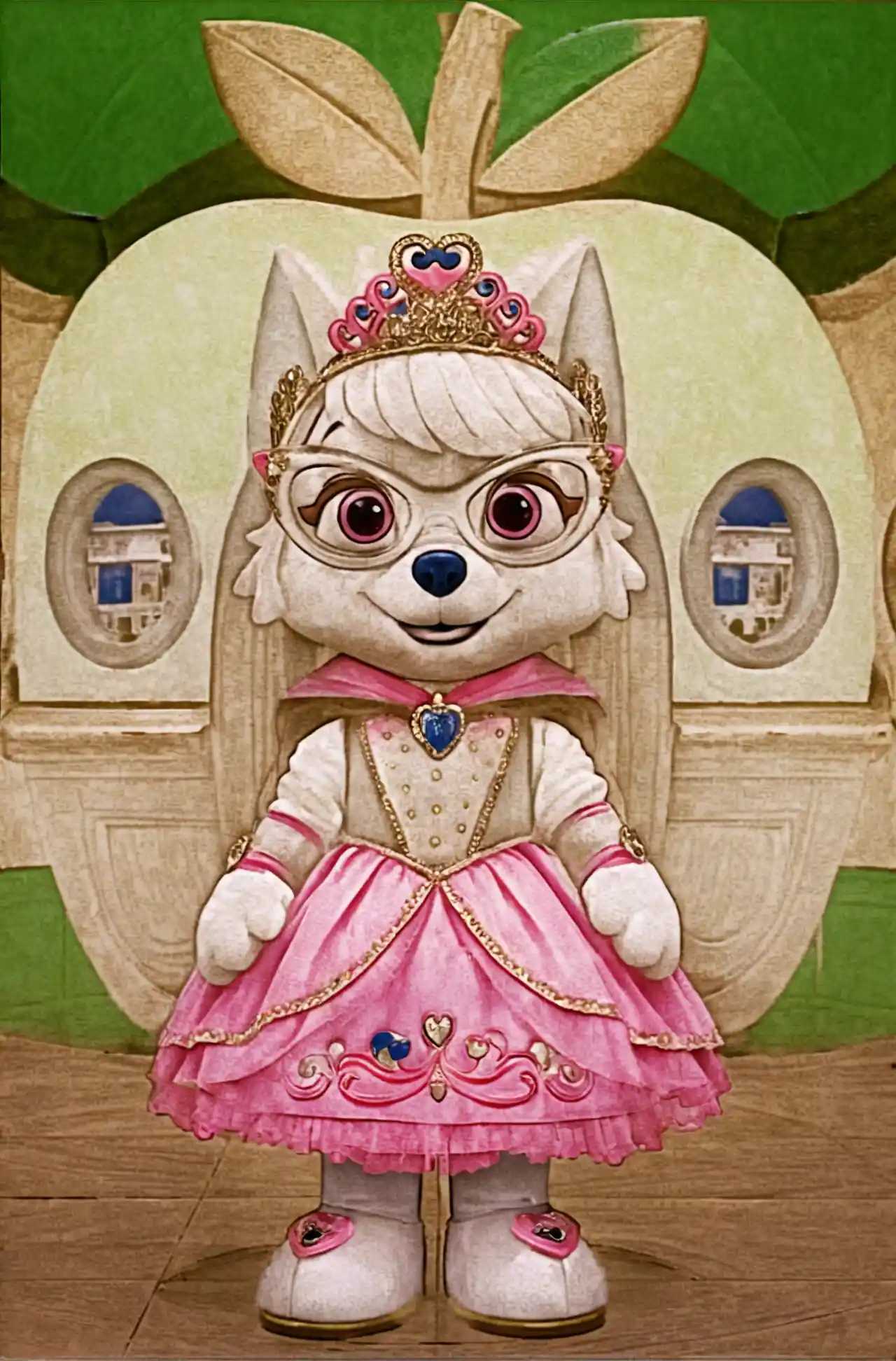 Mascote princesa cachorra em pé no interior de um castelo da cidade