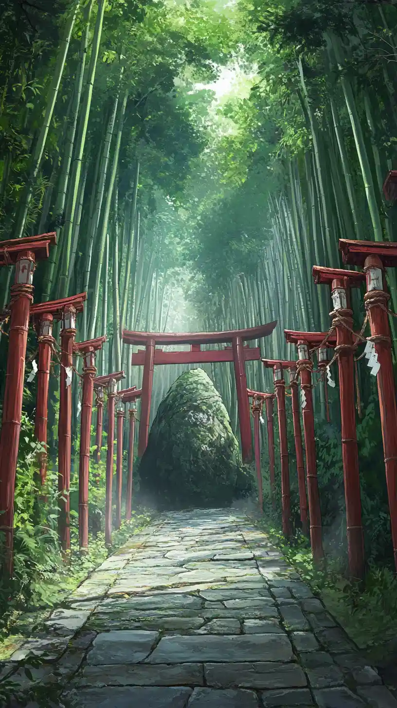 Stone path through bamboo forest to a ritual rock