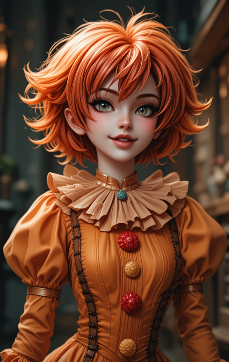 Smiling red haired clown in bright orange costume