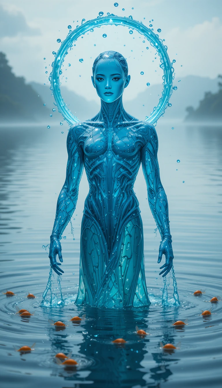 Water spirit guardian rising from a tranquil lily lake