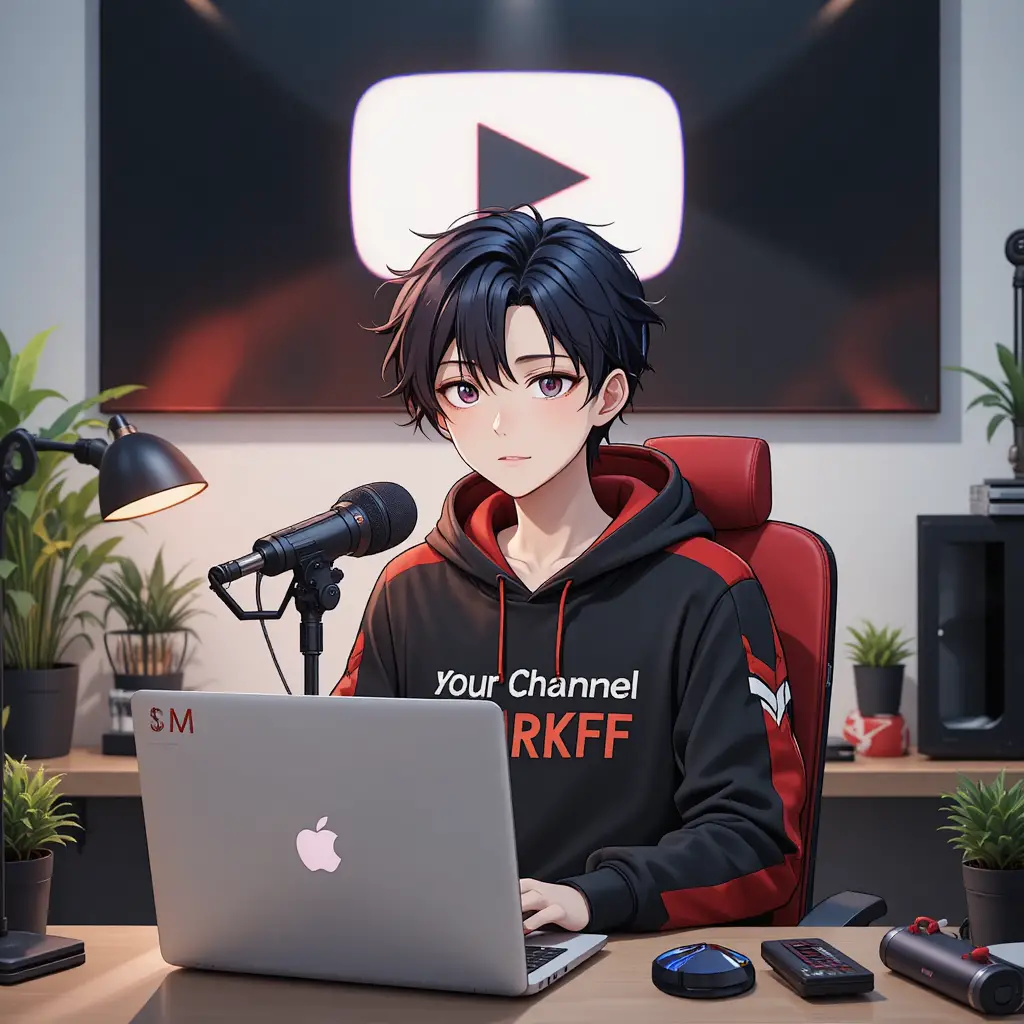 マイク付きのパソコンデスクで配信するアニメ少年