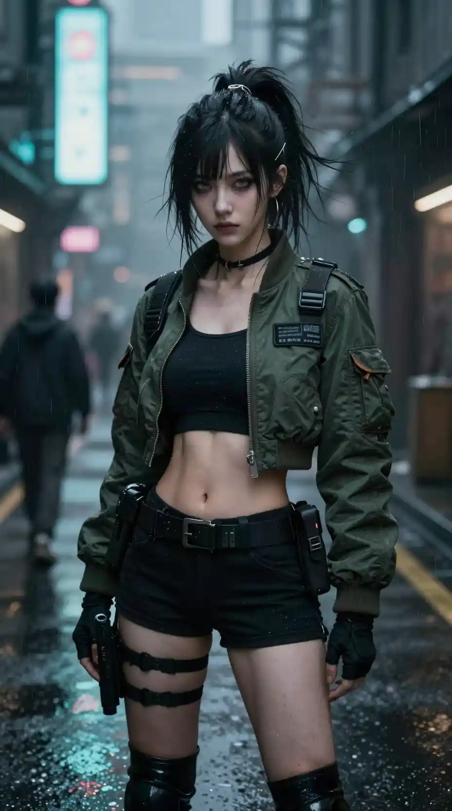 Cyberpunk mercenary woman in rainy neon city alley
