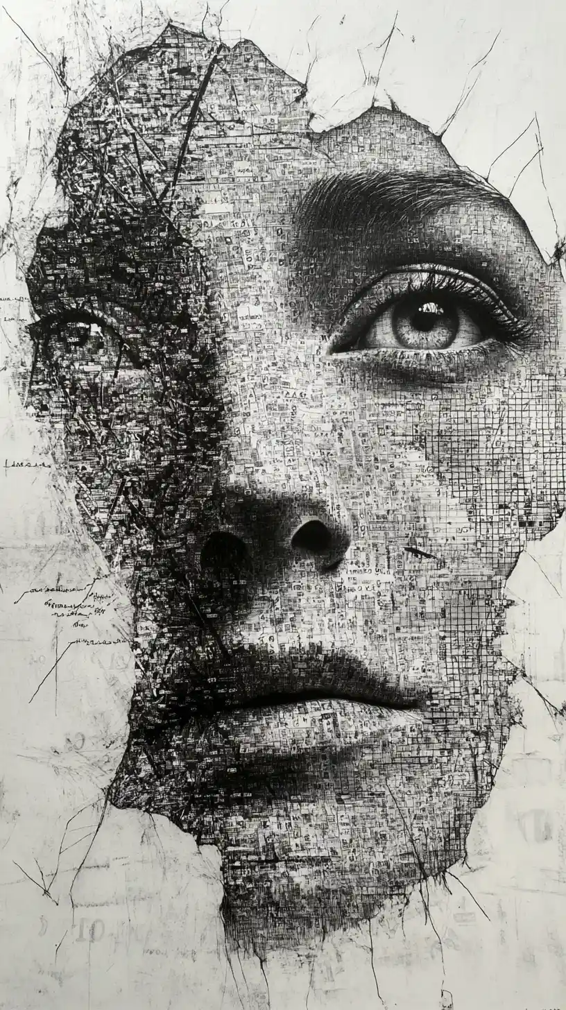 Human face emerging from chaotic data and symbols
