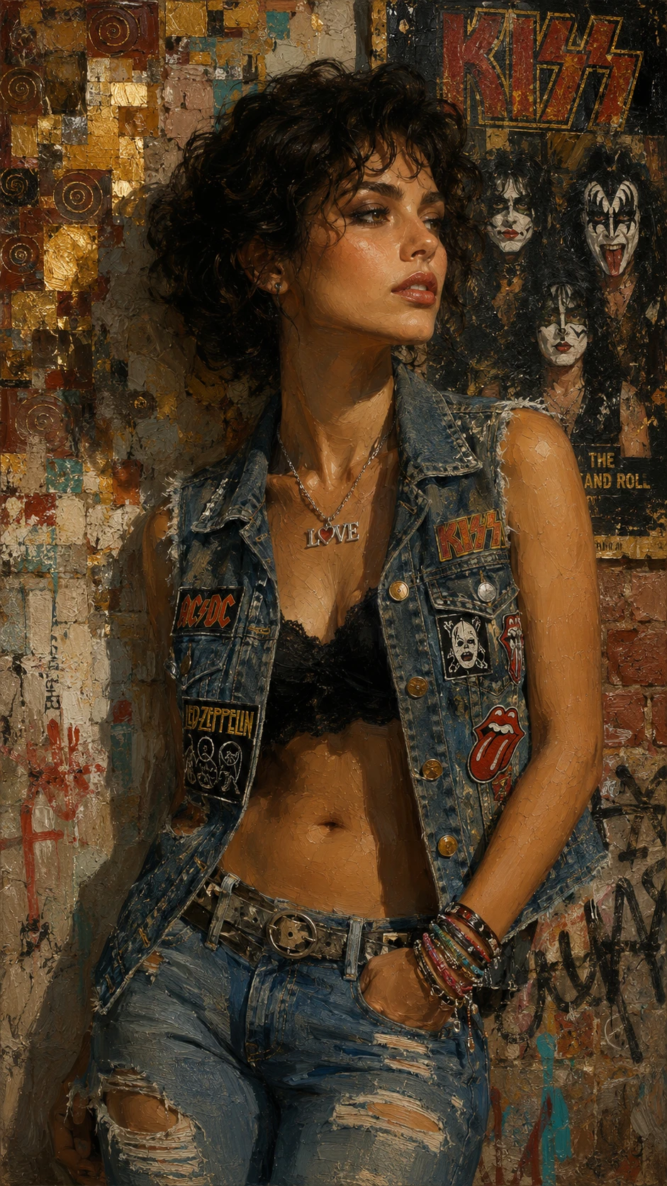 Young Italian woman in denim against urban graffiti wall