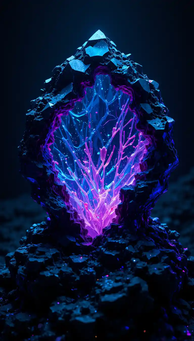 Neon crystal structure erupting from dark abstract void