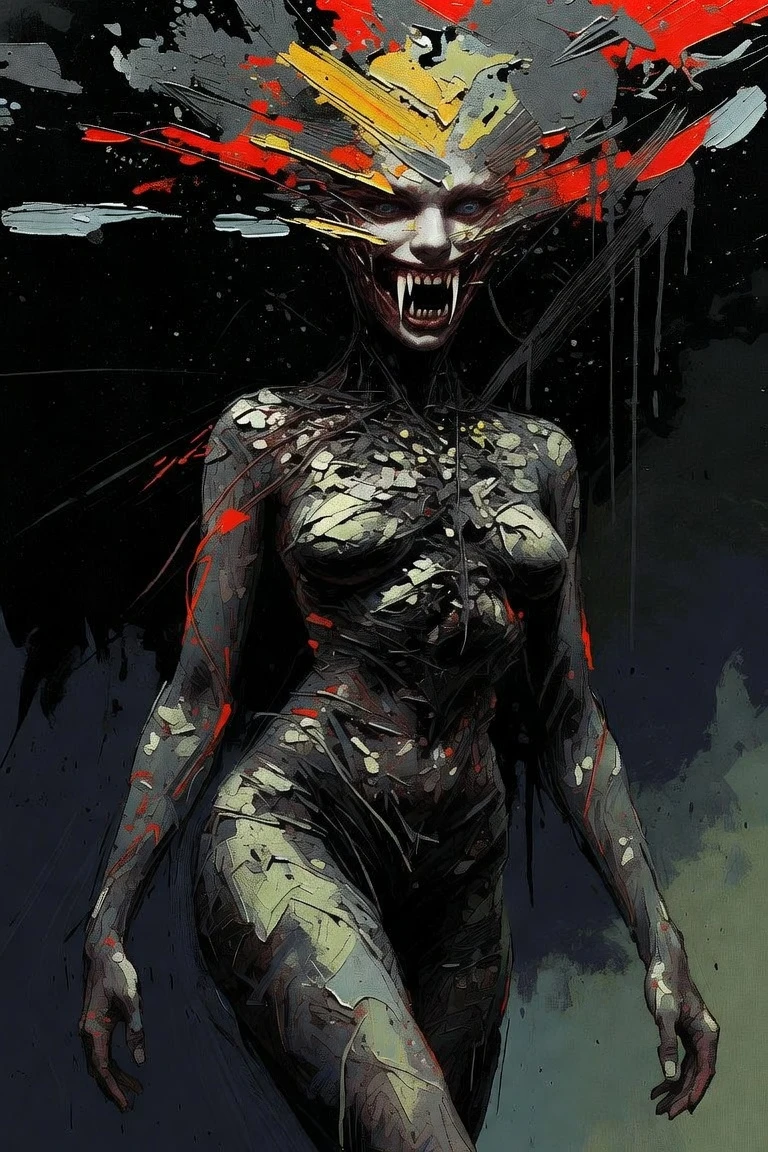 Surreal female demon with fangs in dark horror style