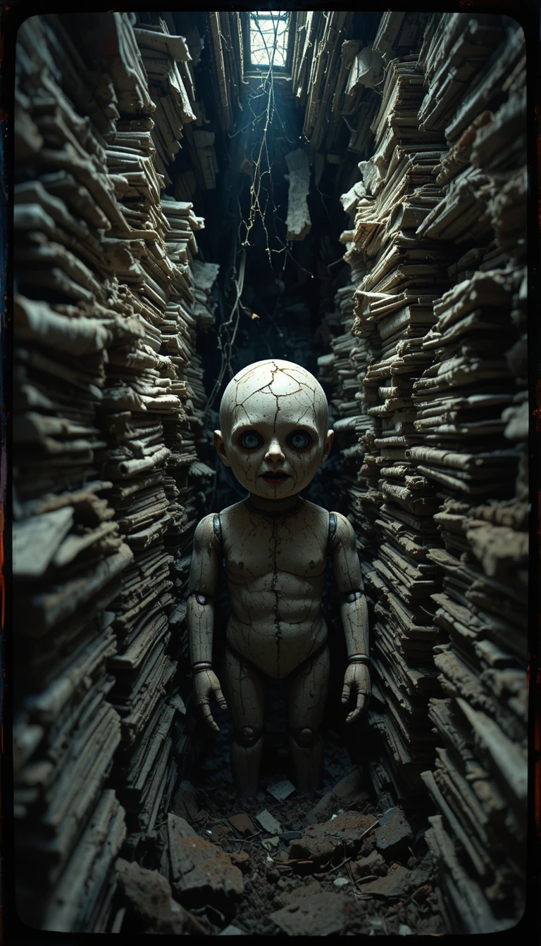 Terrifying wooden doll in a dark decaying attic crawlspace