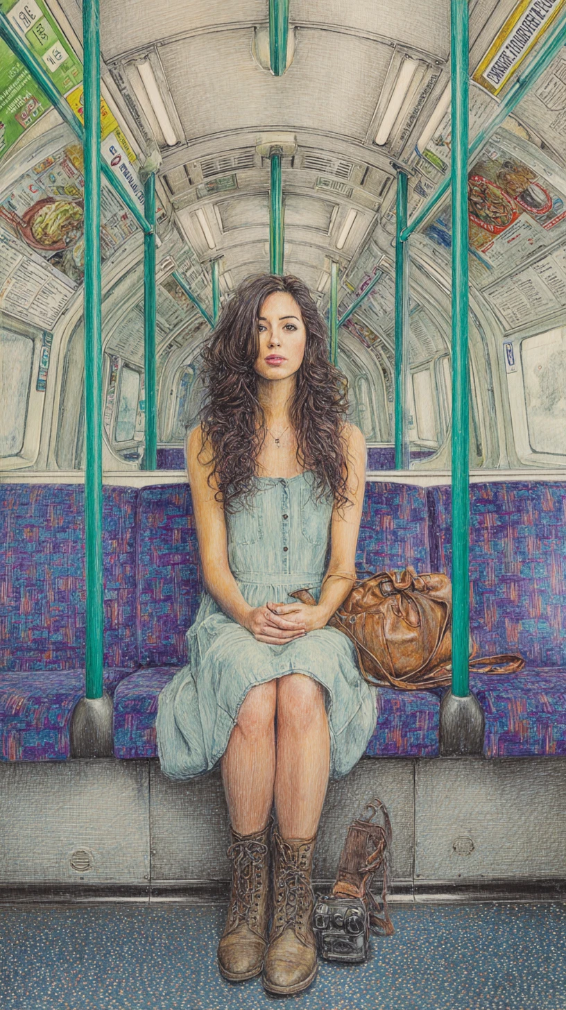 Young woman on London Underground seat in pencil illustration