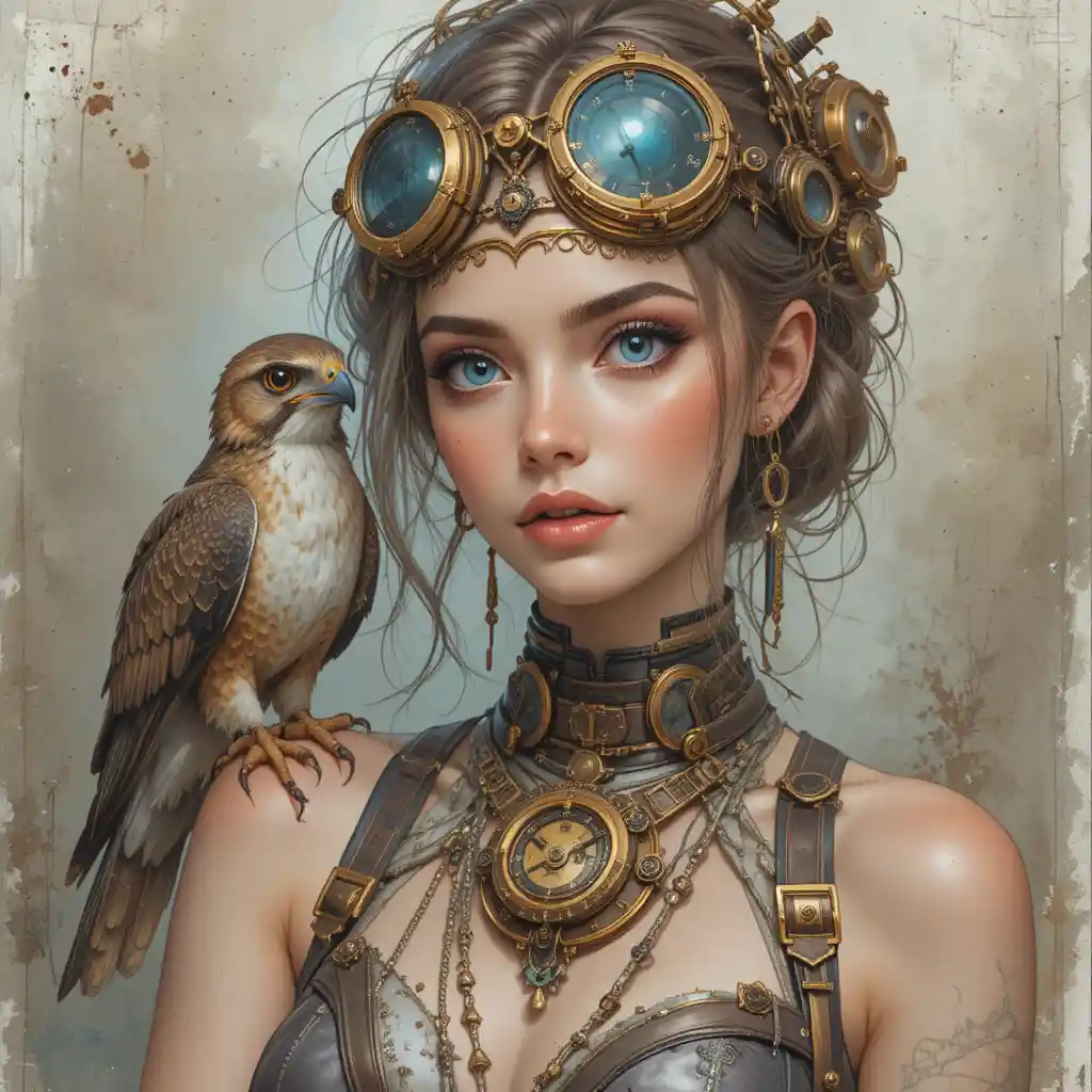 Steampunk woman with hawk in watercolor fantasy portrait