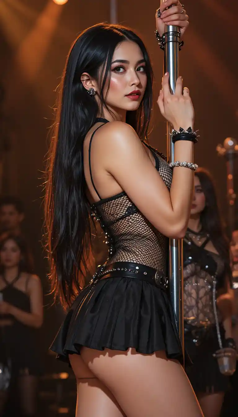 Brunette woman in gothic outfit posing on stripper pole