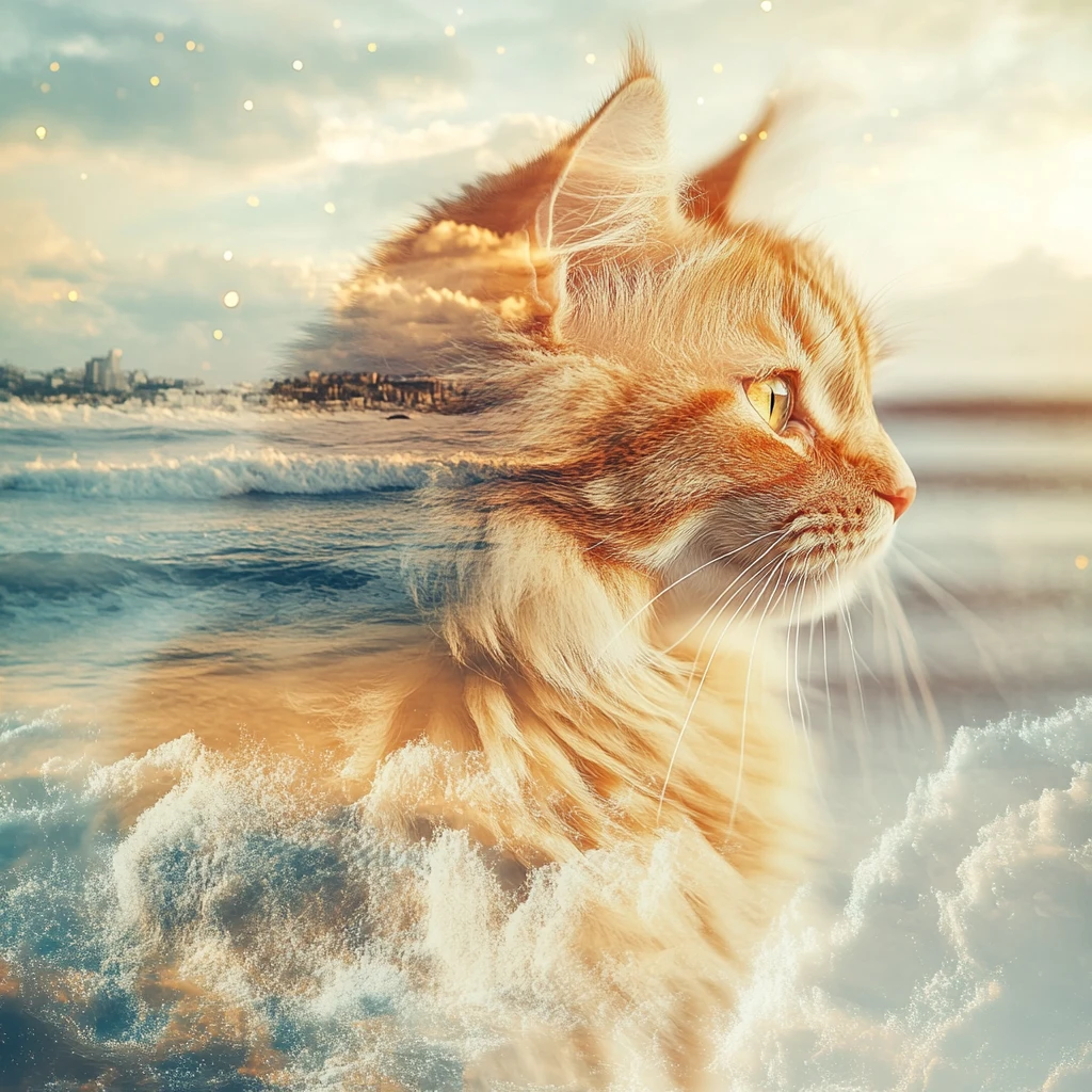 Double exposure ginger cat merged with sunset beach waves
