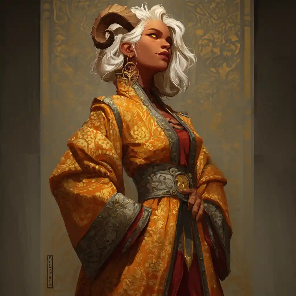 Alluring tiefling enchantress in ornate silk robes