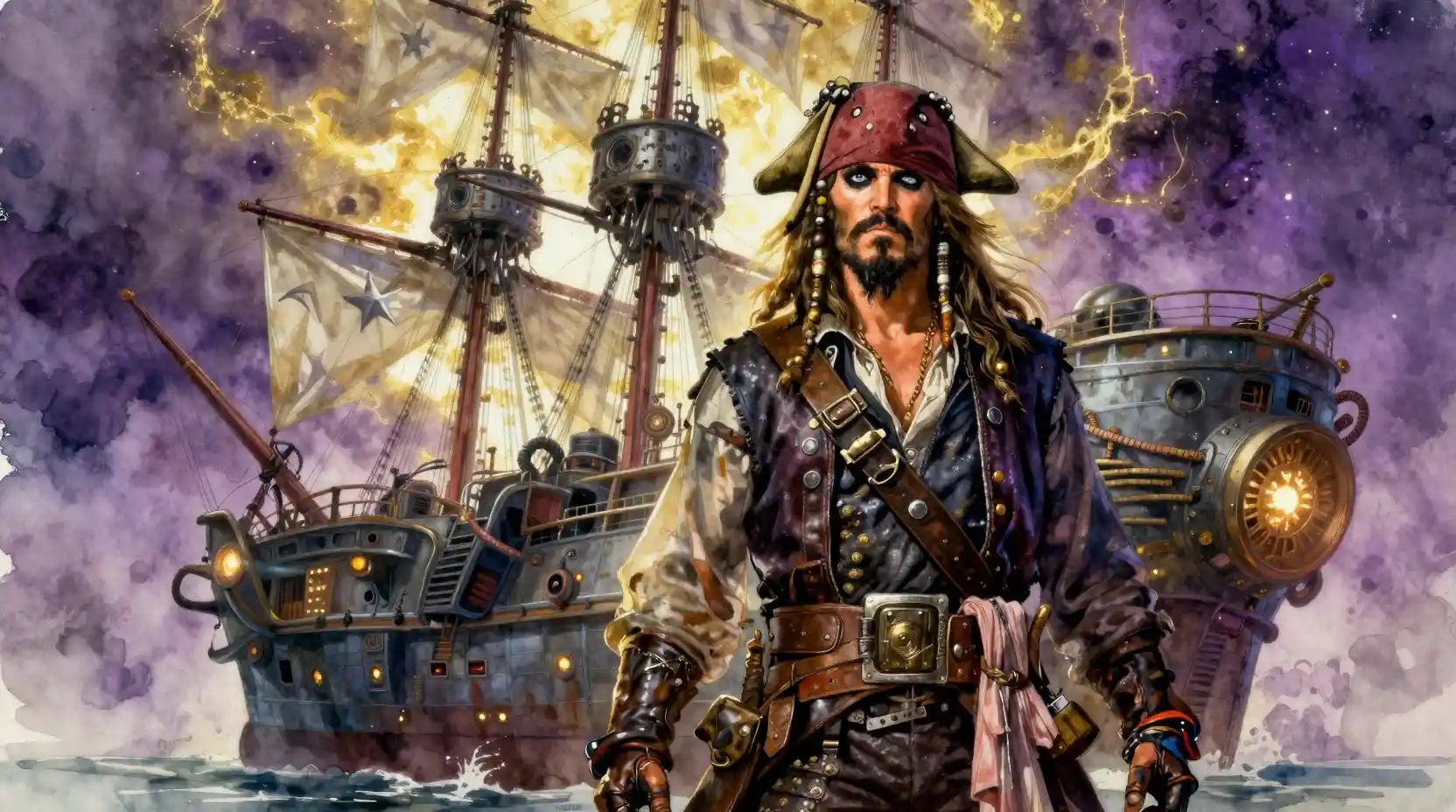 Stoic space pirate captain before a colossal starship
