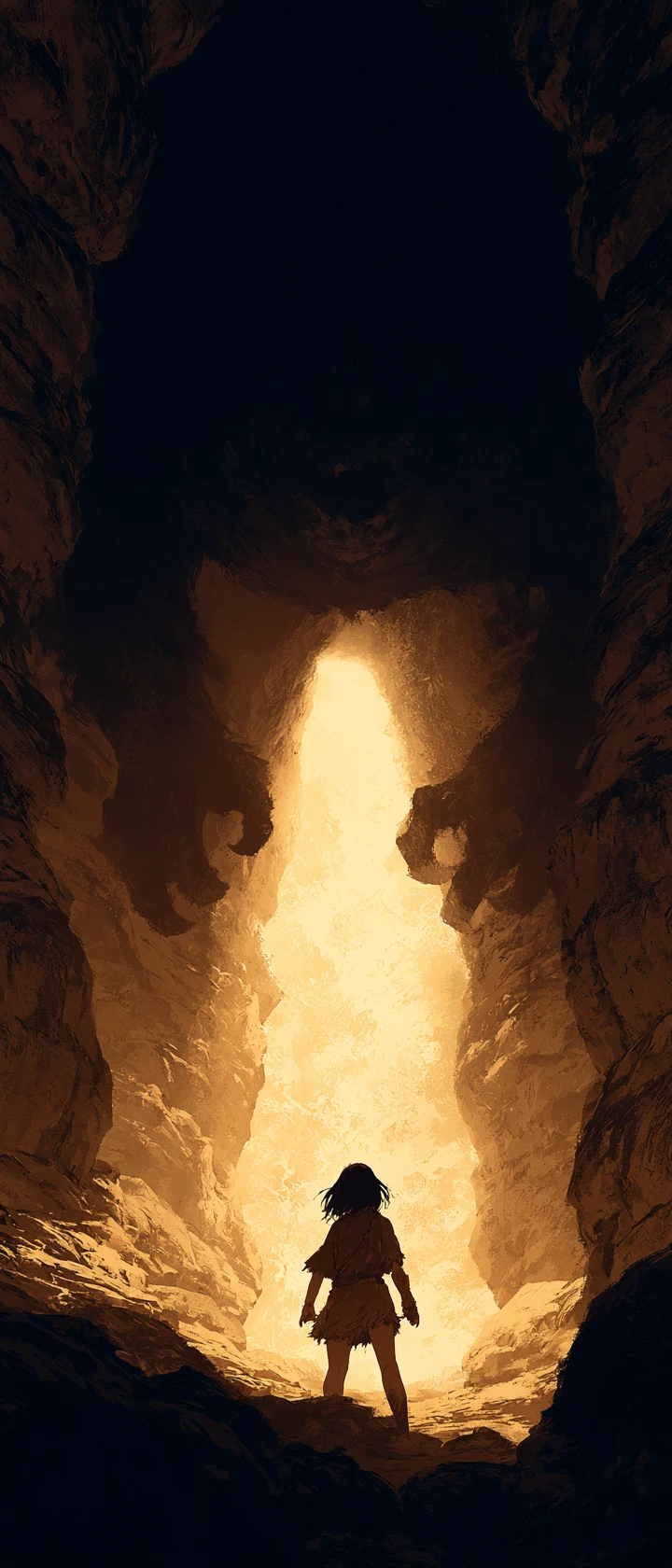 Anime heroine facing a colossal shadow beast in cavern